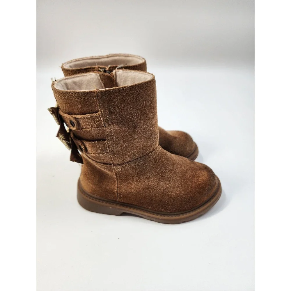 UGG Kids Suede Boots Chestnut Brown Double Gold Star Bows Side Zip Boots